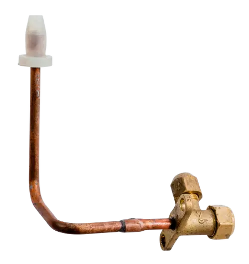 Absperrhahn für Flüssigkeitsleitung, aus Kupfer und Messing, geeignet für die Anwendung in Heizsystemen der Marke Wolf.